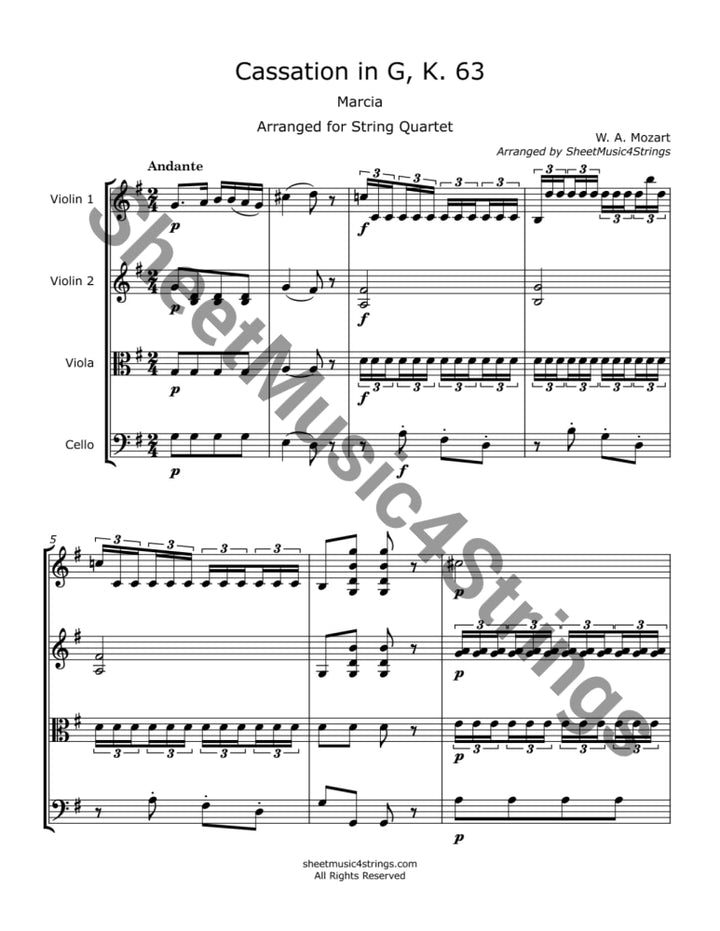 Mozart W.a. - Cassation In G K. 63 (String Quartet) Sheet Music