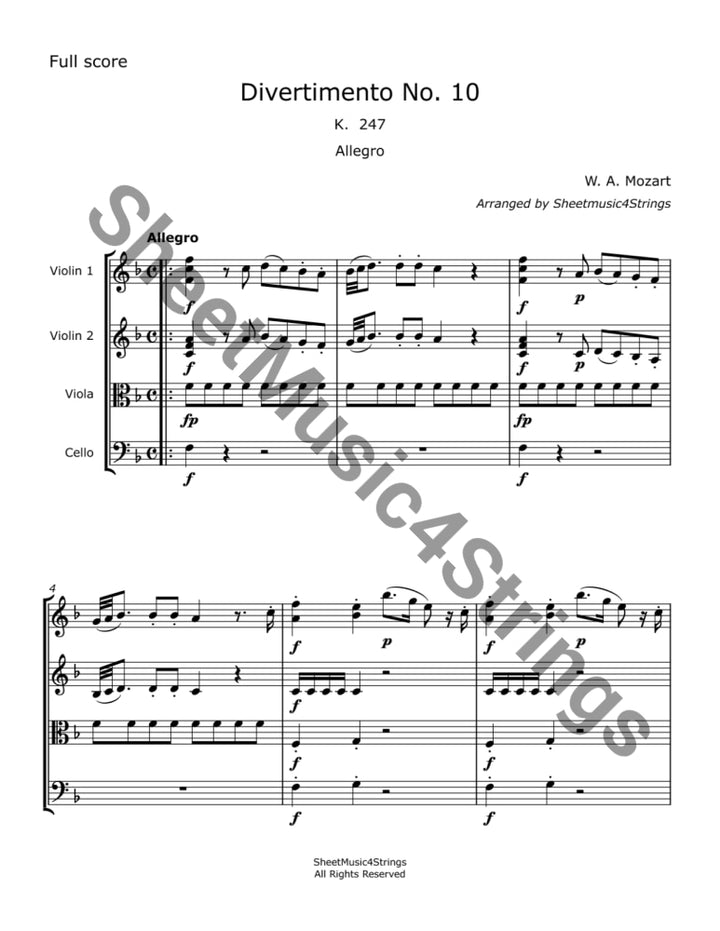 Mozart W.a. - Divertimento No. 10 In F K. 247 (String Quartet) Sheet Music