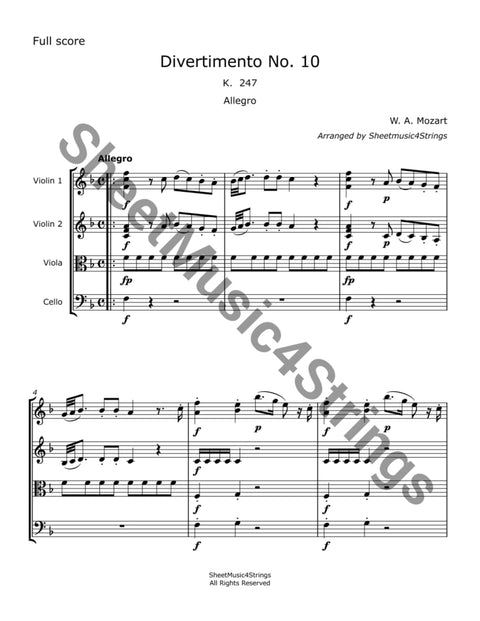 Mozart W.a. - Divertimento No. 10 In F K. 247 (String Quartet) Sheet Music