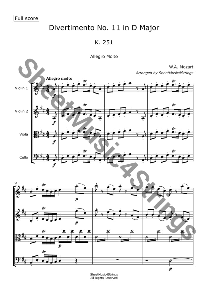 Mozart W.a. Divertimento No. 11 K. 251 (String Quartet) Sheet Music