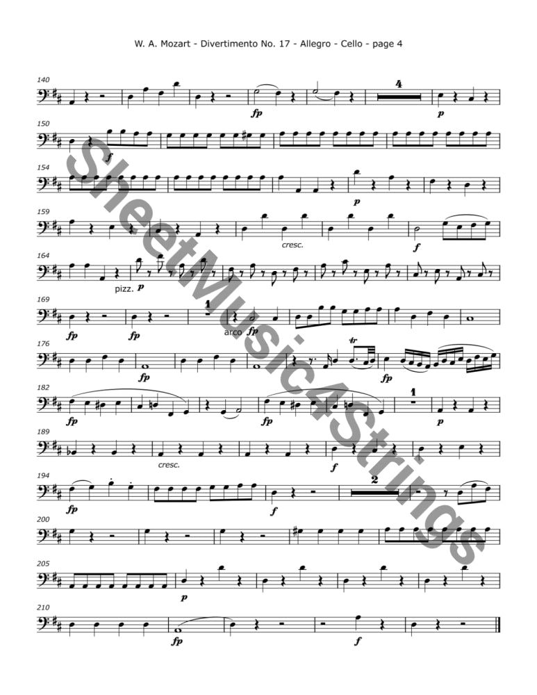 Mozart W.a. Divertimento No. 17 In D K. 334 (String Quartet) Sheet Music