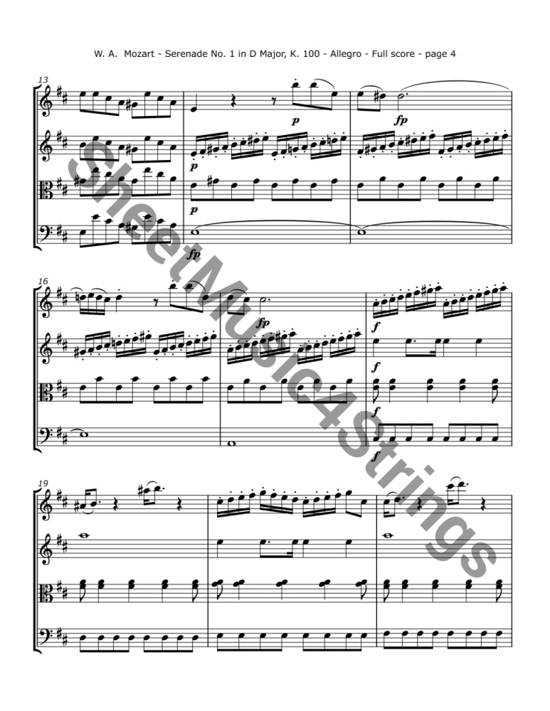 Mozart W.a. - Serenade No. 1 In D K. 100 (String Quartet) Sheet Music