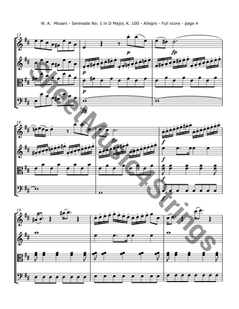 Mozart W.a. - Serenade No. 1 In D K. 100 (String Quartet) Sheet Music