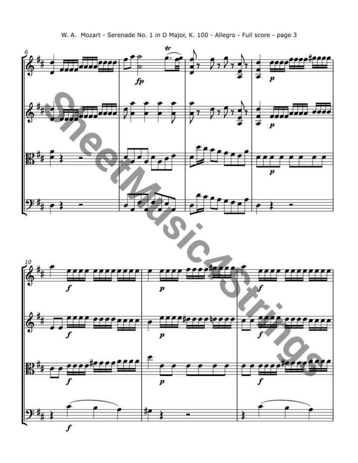 Mozart W.a. - Serenade No. 1 In D K. 100 (String Quartet) Sheet Music