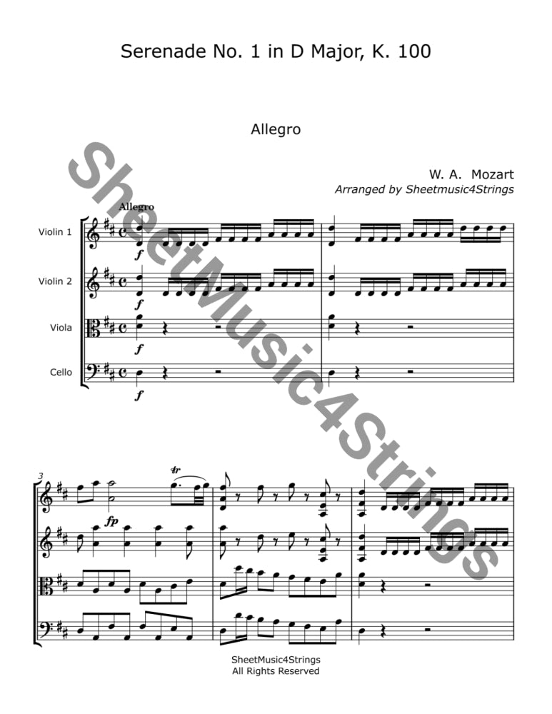 Mozart W.a. - Serenade No. 1 In D K. 100 (String Quartet) Sheet Music