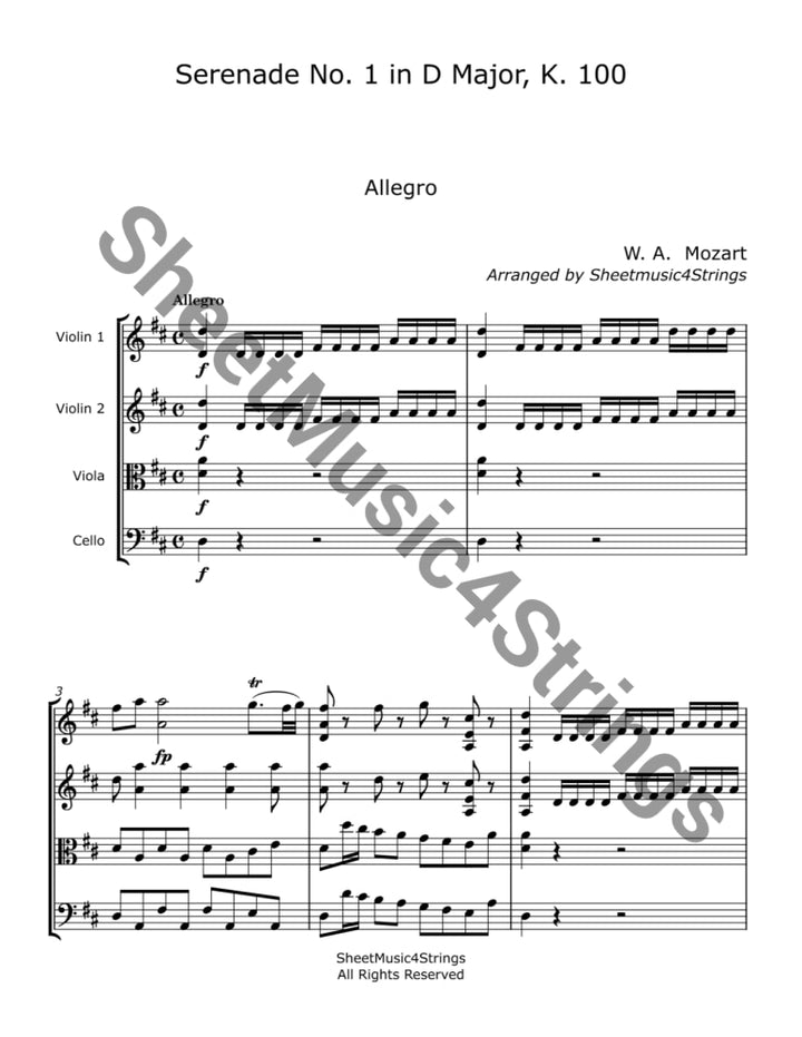 Mozart W.a. - Serenade No. 1 In D K. 100 (String Quartet) Sheet Music