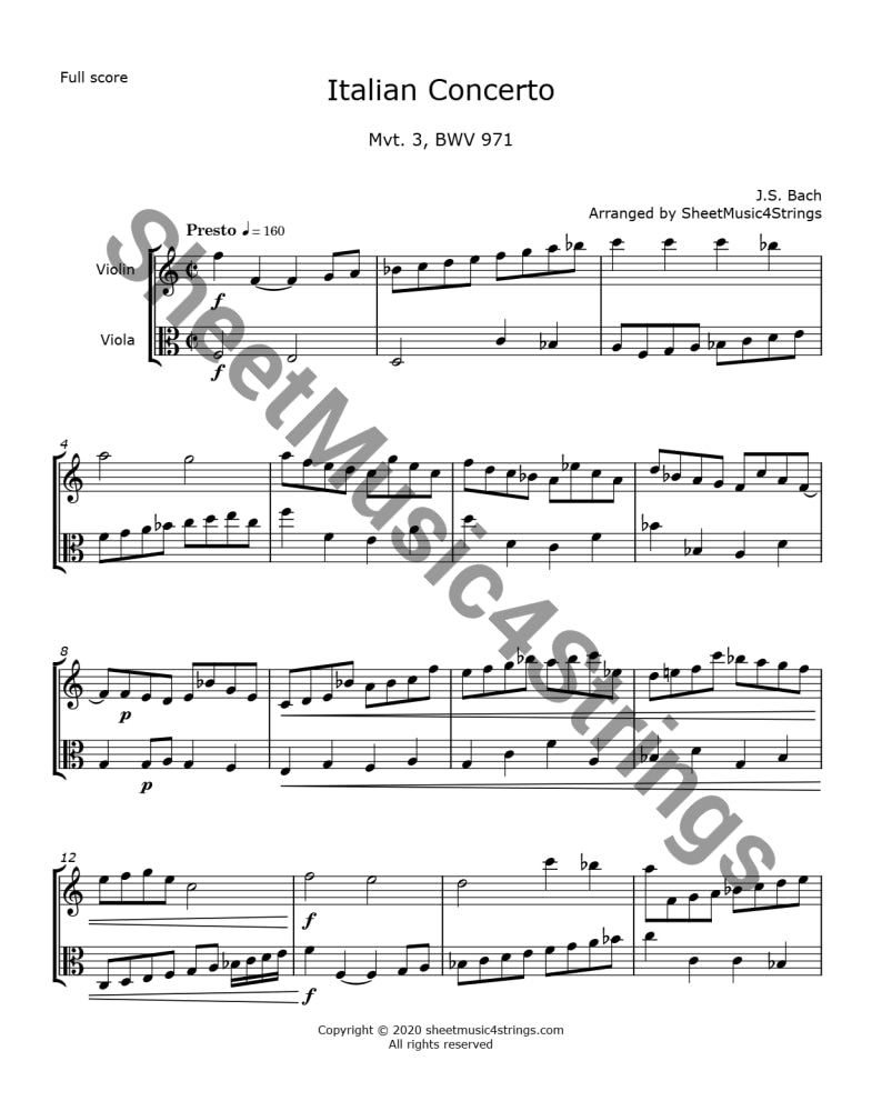 Bach, J.S. - Italian Concerto, Mvt. 3 (Violin and Viola Duo) page one