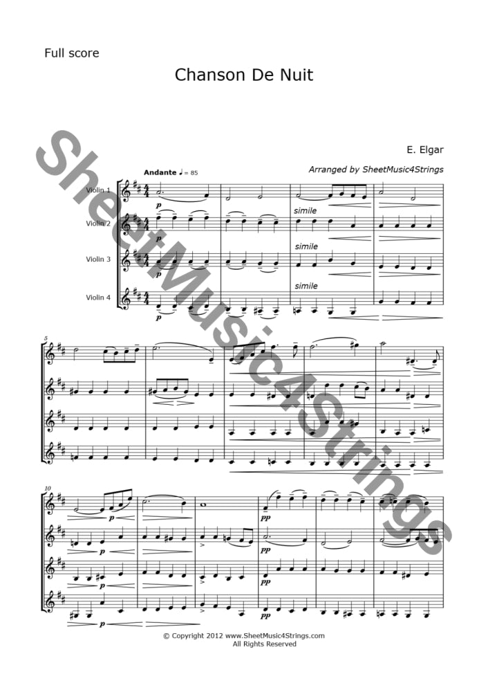 Elgar E. - Chanson De Nuit (Four Violins) Sheet Music